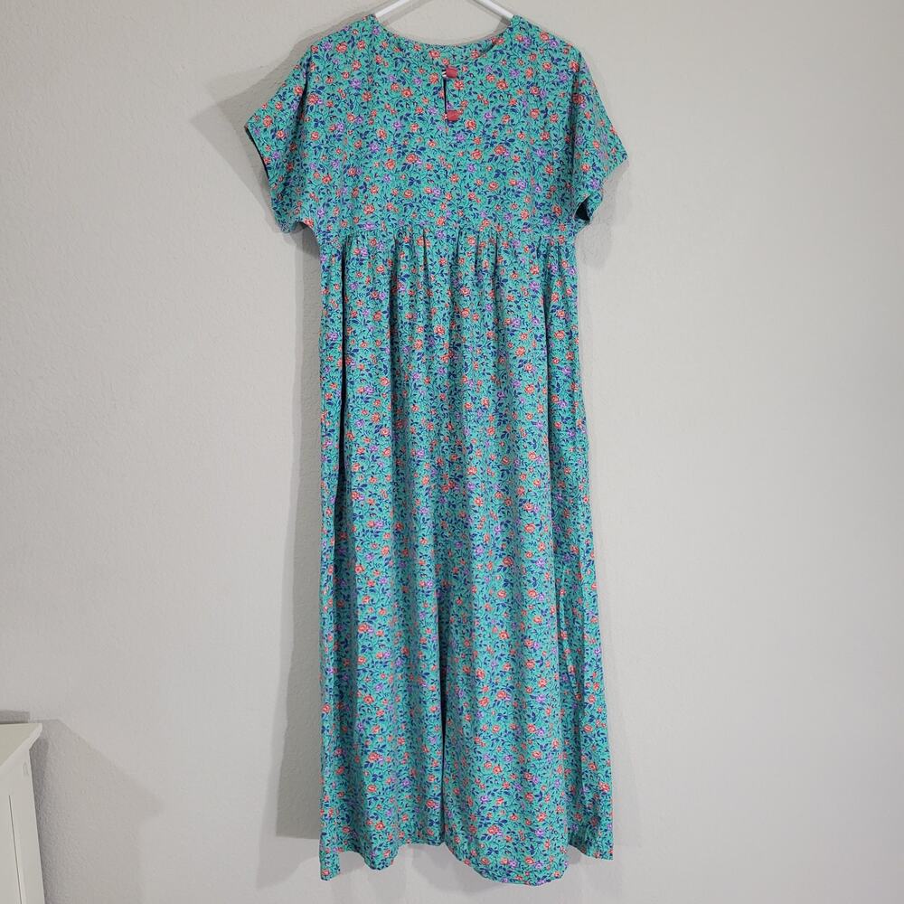 Handmade Floral Maxi Dress Womens Medium Turquoise Teal Short Sleeve Cottagecore